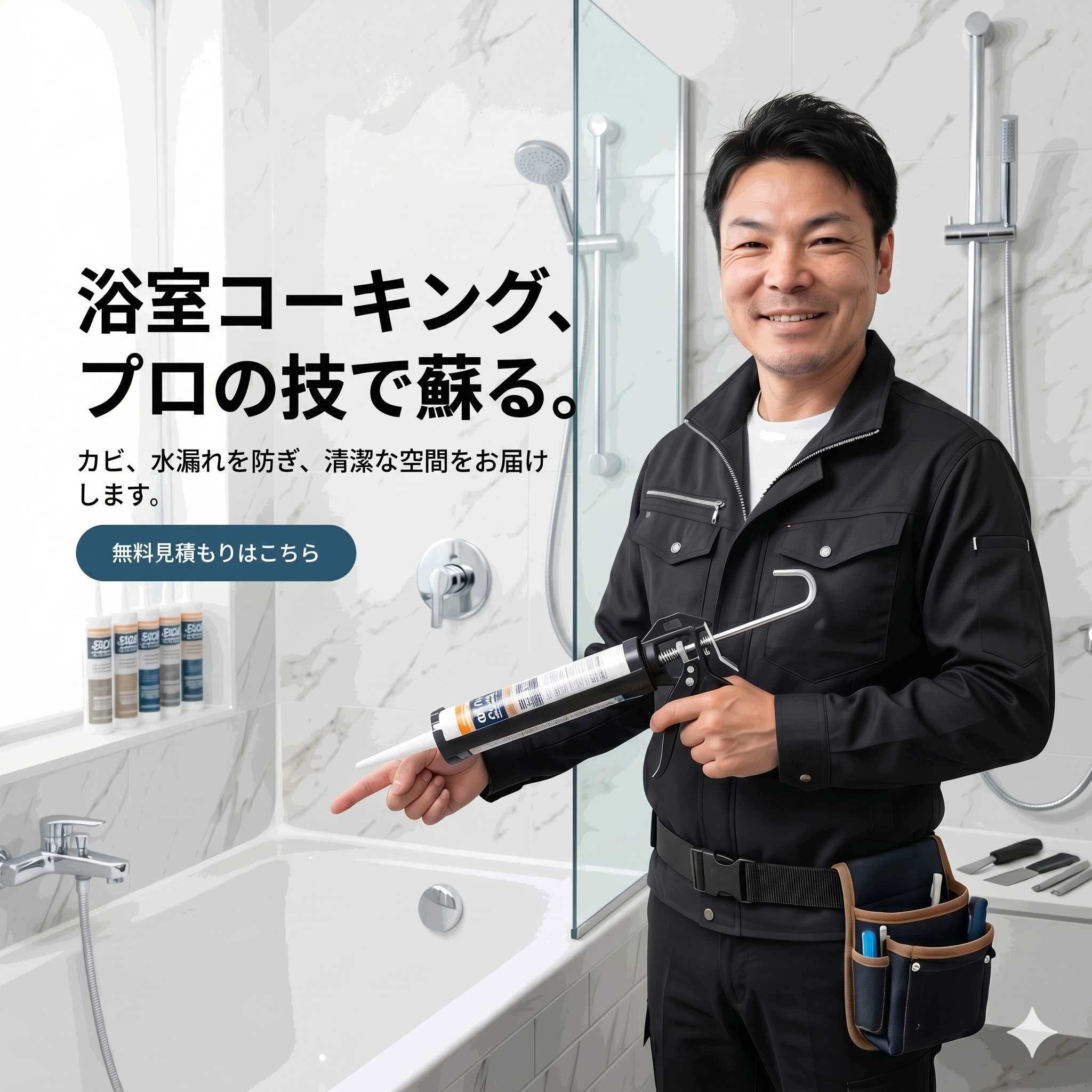 浴室コーキング、プロの技で蘇る。田部建の施工イメージ